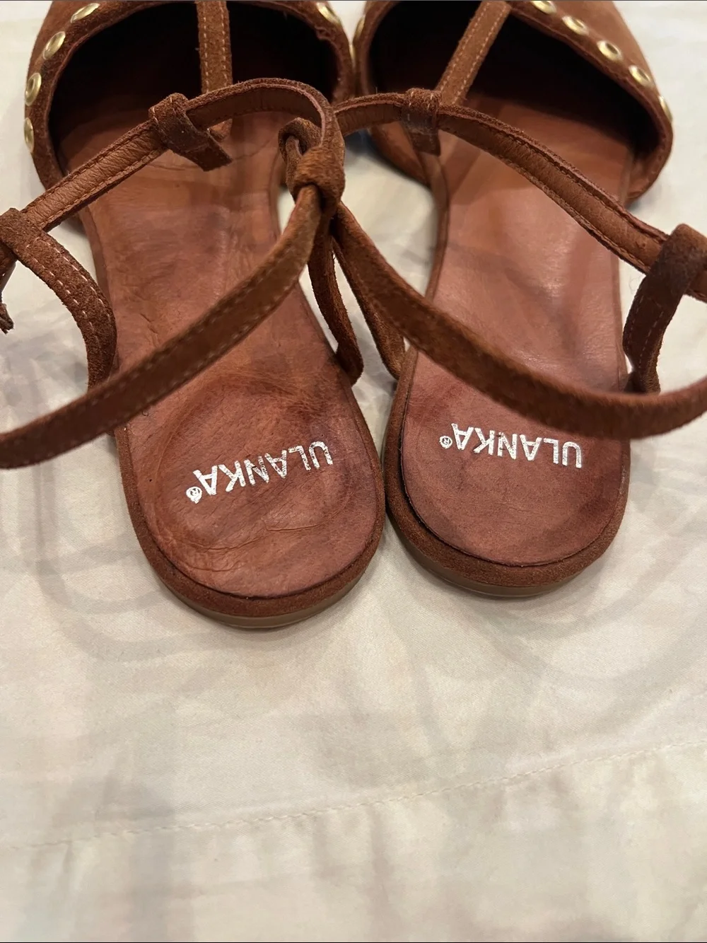 Ulanka barefoot Brown Suede T-Strap Flats with Gold Eyelets